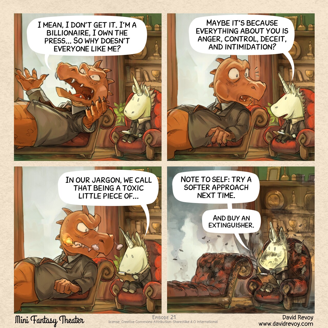 MiniFantasyTheater, A Burning Problem, page 1. English comic artwork by David Revoy.