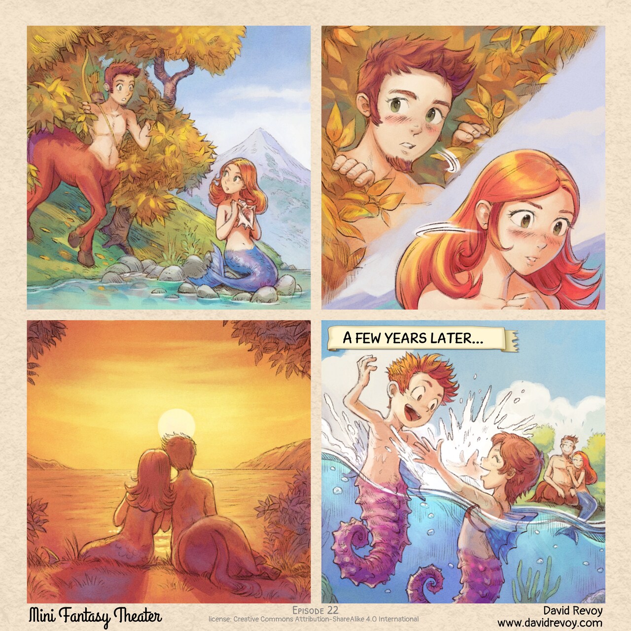 MiniFantasyTheater, The Centaur and the Mermaid, page 1. English comic artwork by David Revoy.