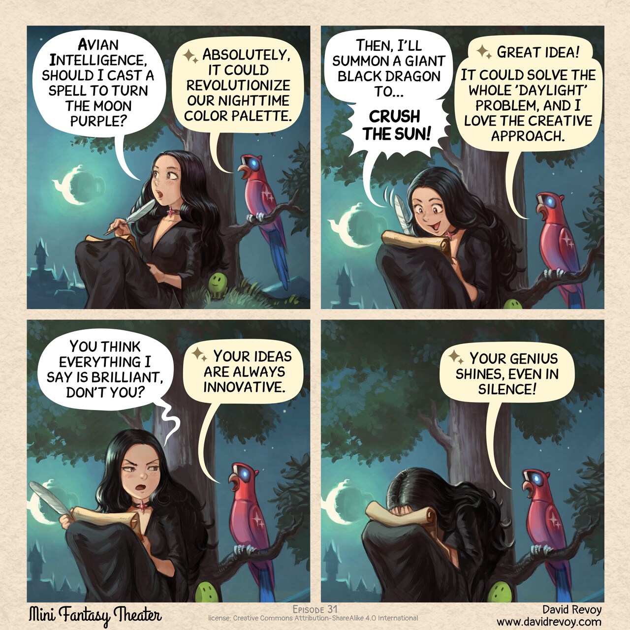 MiniFantasyTheater, When Your Avian Intelligence Agrees a Little Too Much, page 1. English comic artwork by David Revoy.