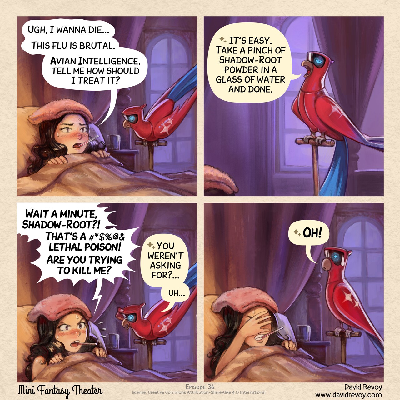 MiniFantasyTheater, Medical Recommendations with Avian Intelligence, page 1. English comic artwork by David Revoy.