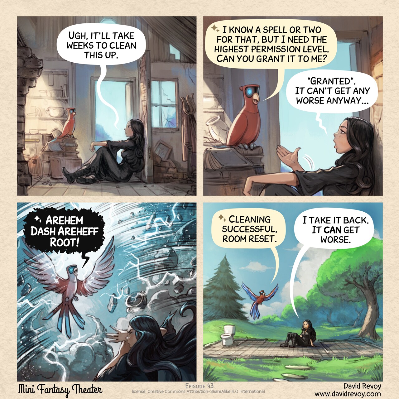 MiniFantasyTheater, Don't ever give elevated permissions to an Avian Intelligence..., page 1. English comic artwork by David Revoy.