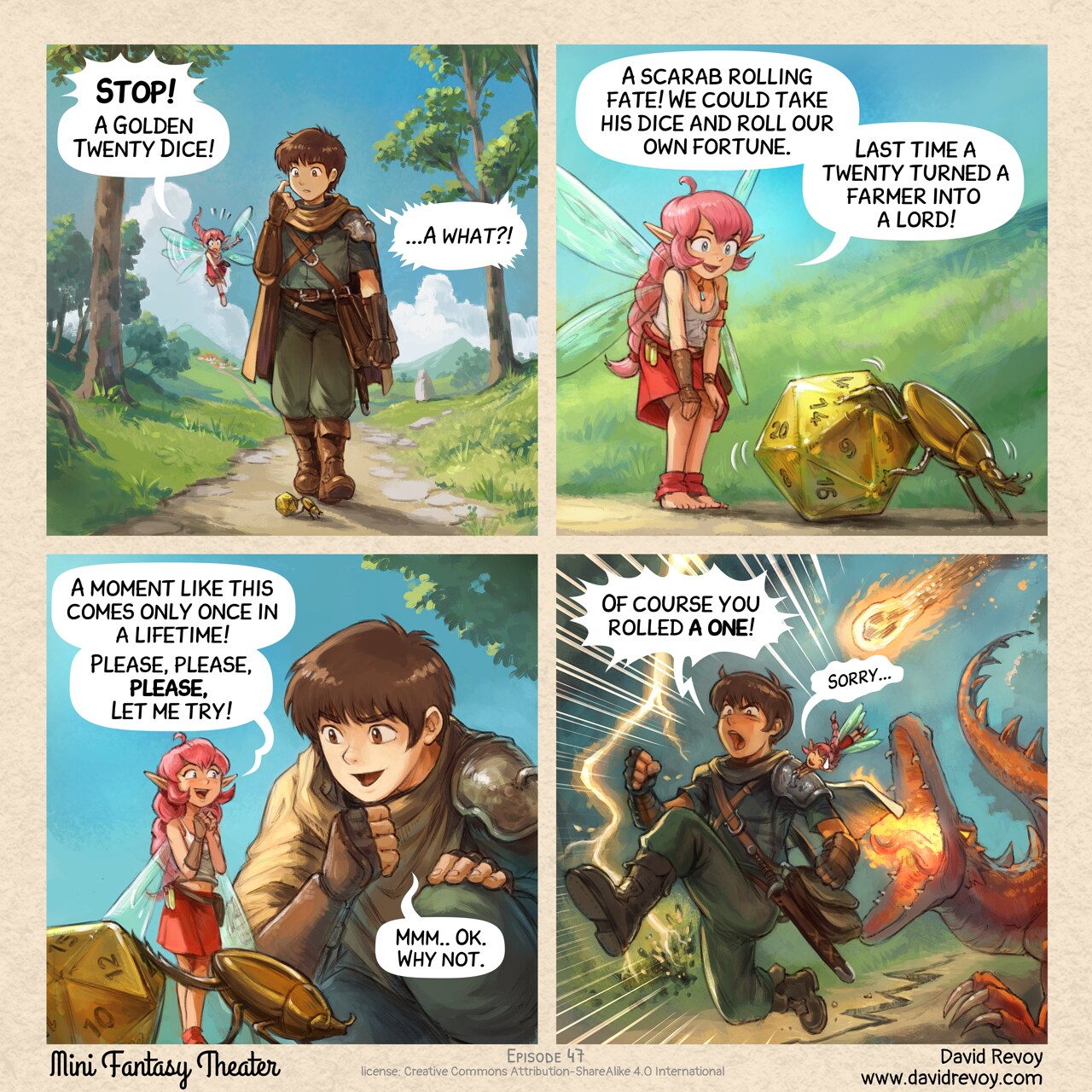 MiniFantasyTheater, The Golden Twenty Dice, page 1. English comic artwork by David Revoy.