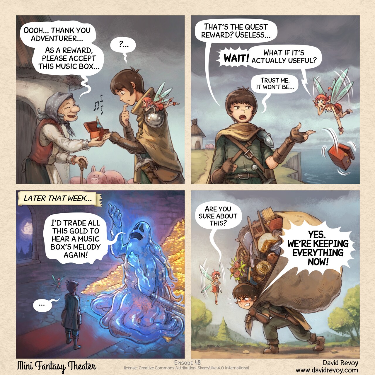 MiniFantasyTheater, Quest item management, page 1. English comic artwork by David Revoy.