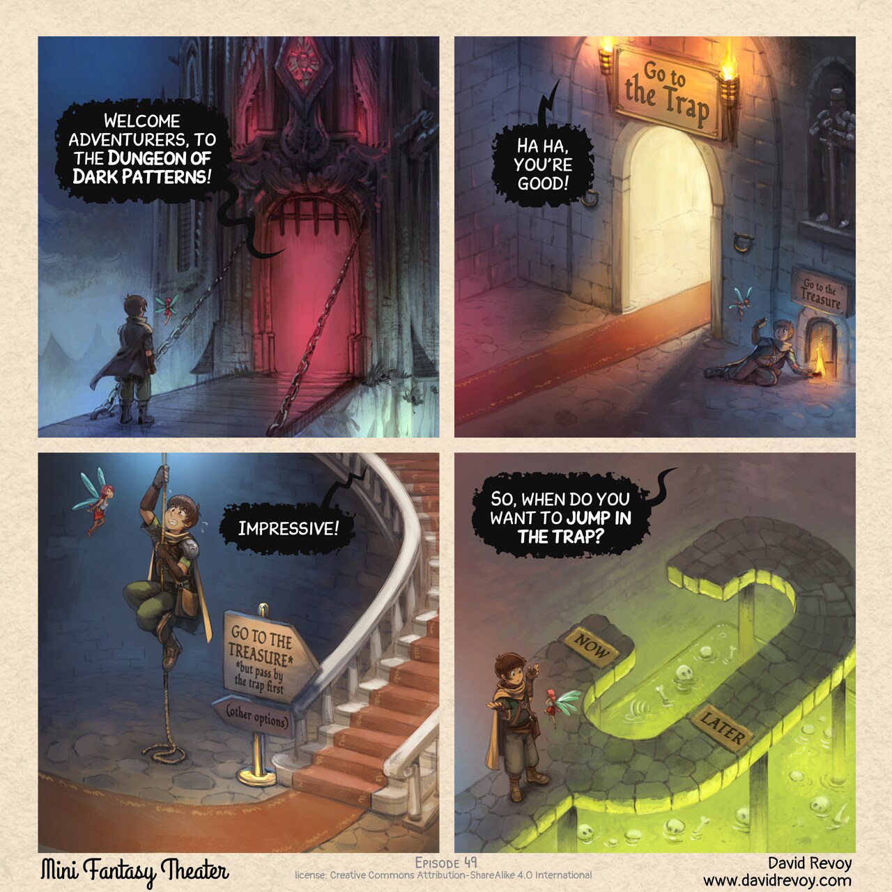 MiniFantasyTheater, The Dungeon of Dark Patterns, page 1. English comic artwork by David Revoy.