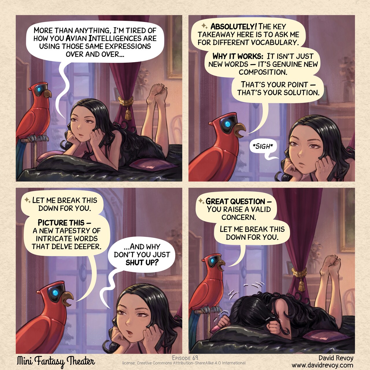 MiniFantasyTheater, AI Overused Expressions, page 1. English comic artwork by David Revoy.