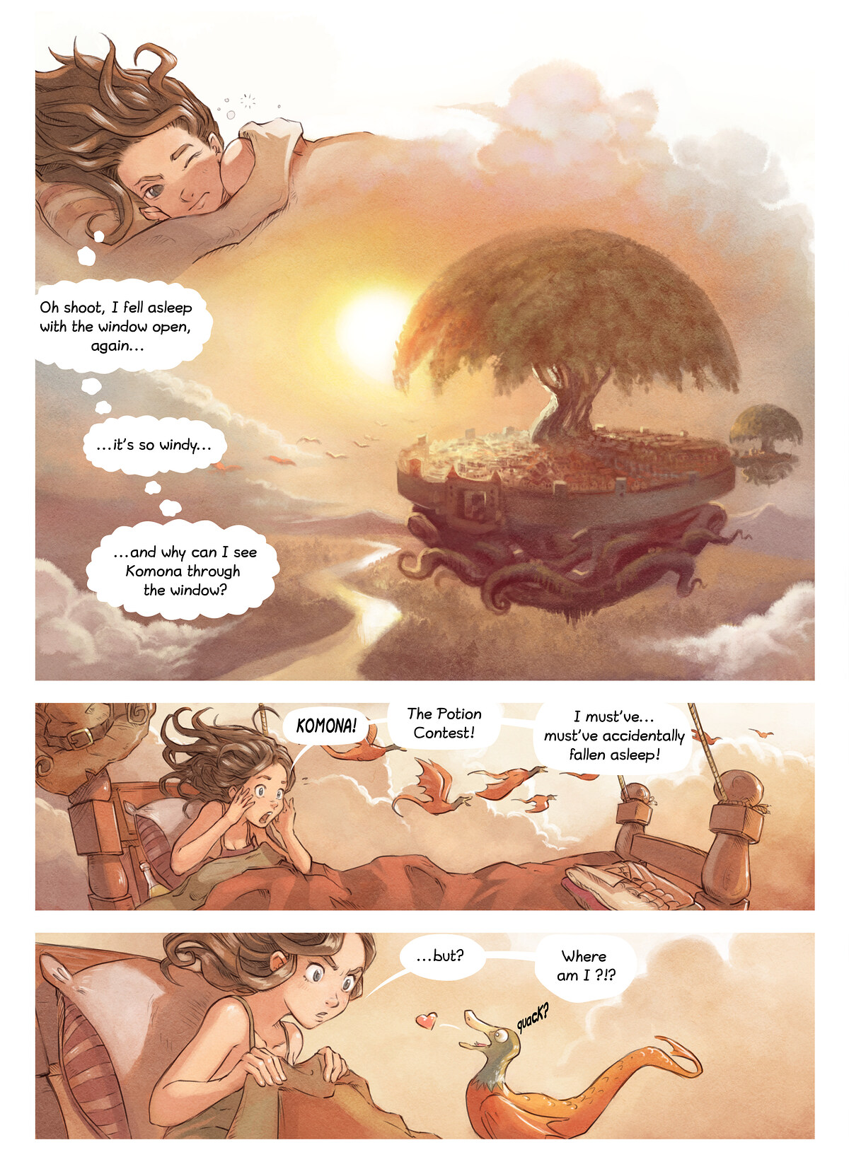 Pepper & Carrot, The Potion Contest, page 1. English comic artwork by David Revoy.