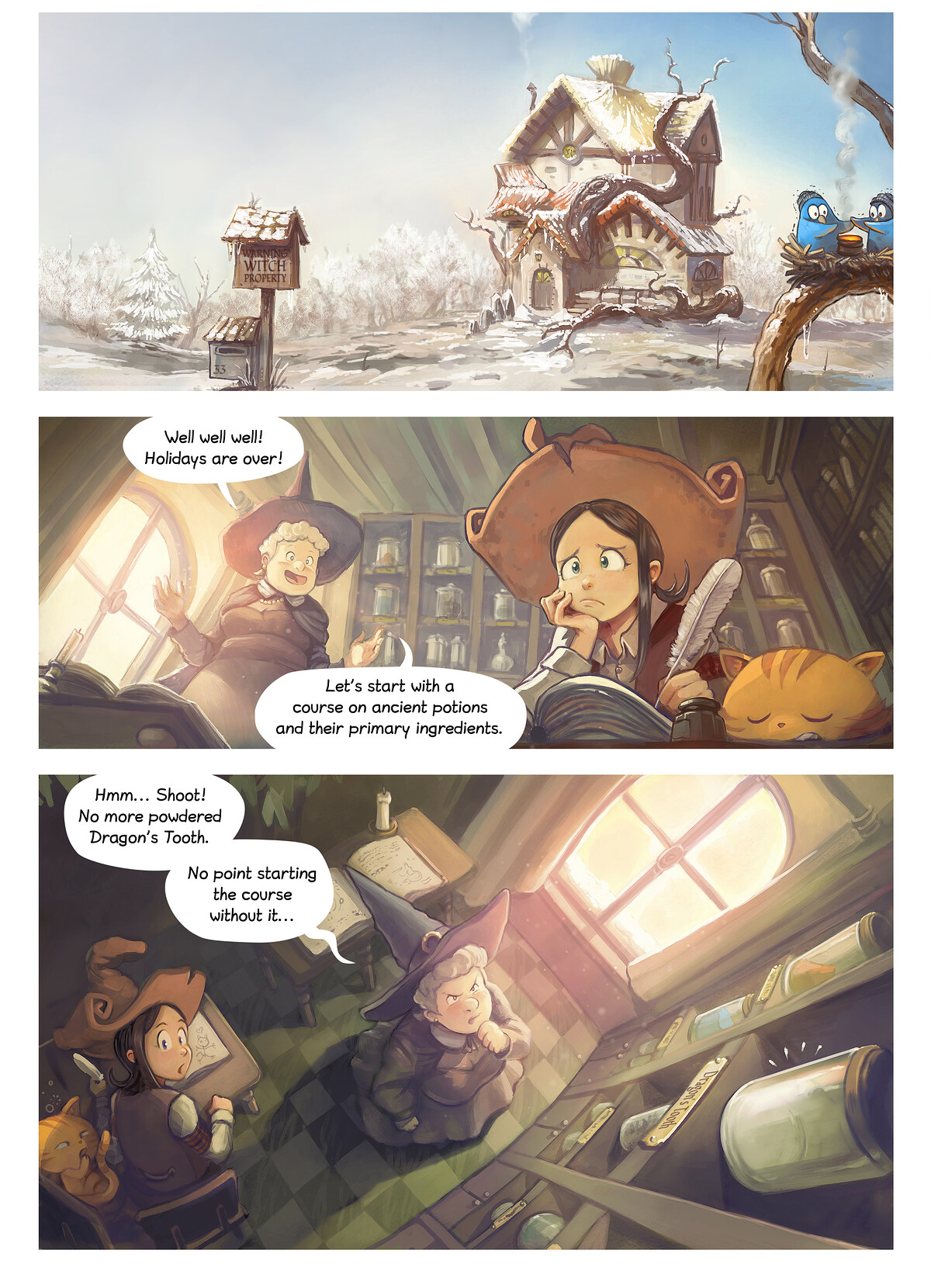Pepper & Carrot, The Dragon's Tooth, page 1. English comic artwork by David Revoy.