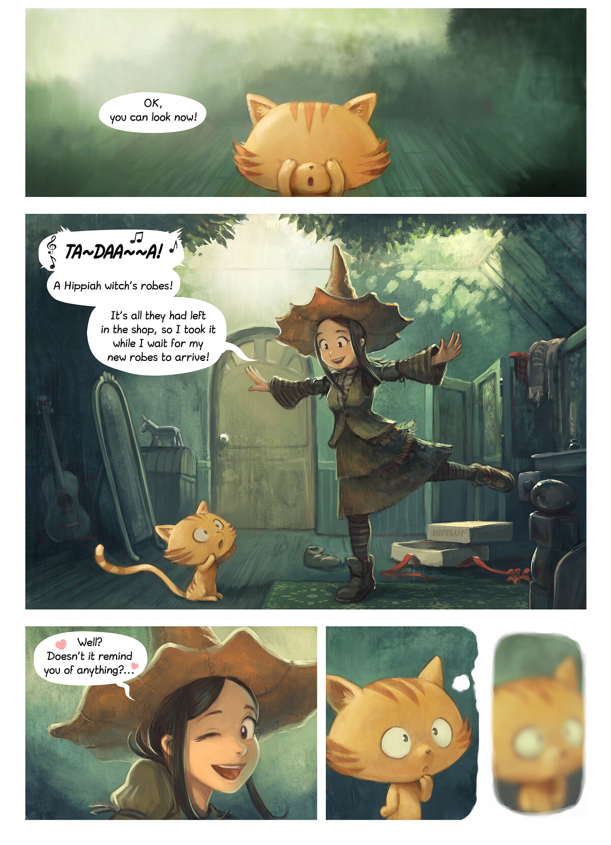 Pepper & Carrot, The Encounter, page 1. English comic artwork by David Revoy.