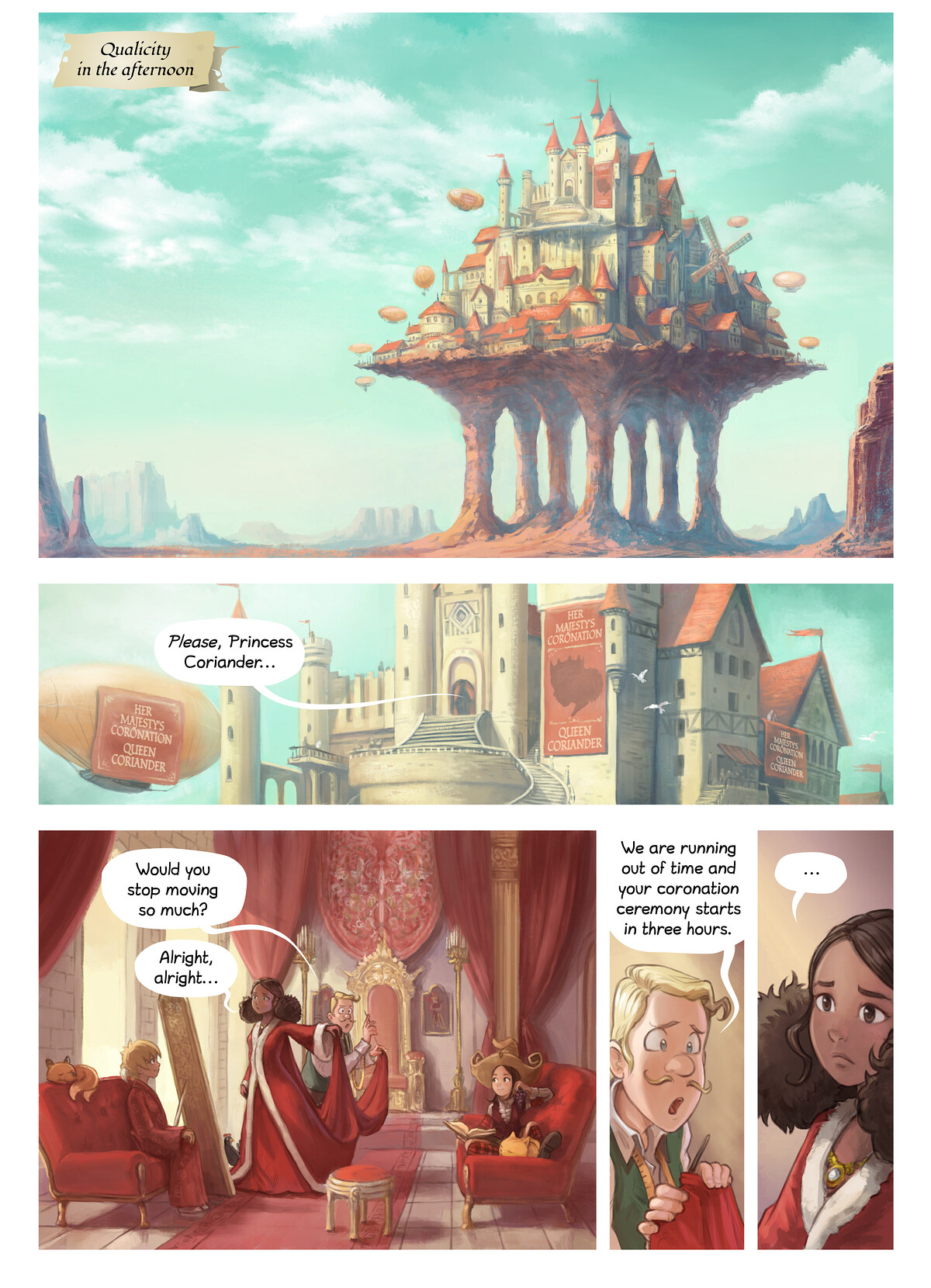 Pepper & Carrot, Coriander's Invention, page 1. English comic artwork by David Revoy.