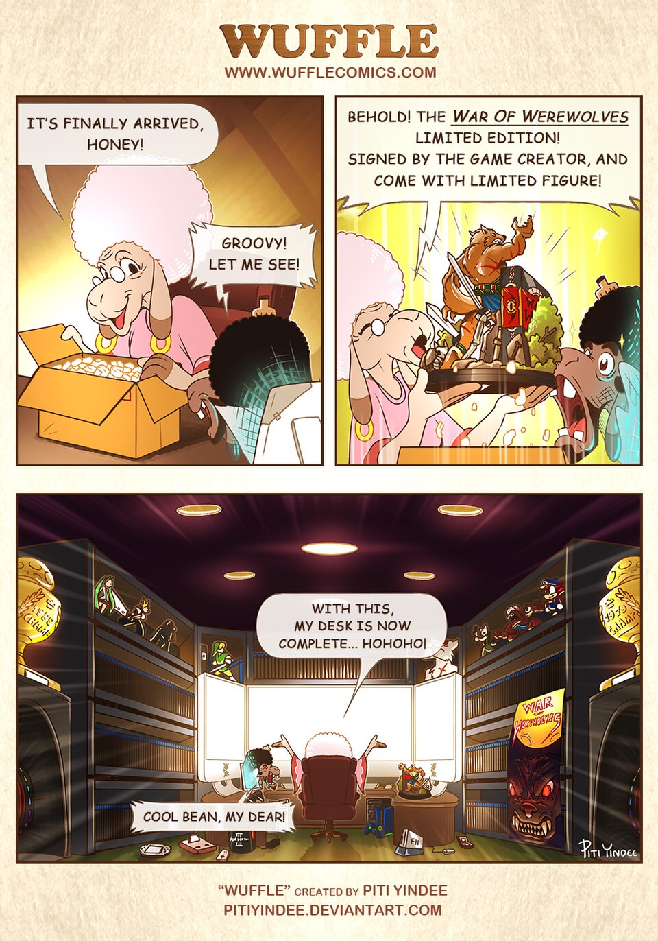 Wuffle, Aunty Pinky’s Collection, page 1. English comic artwork by Piti Yindee.
