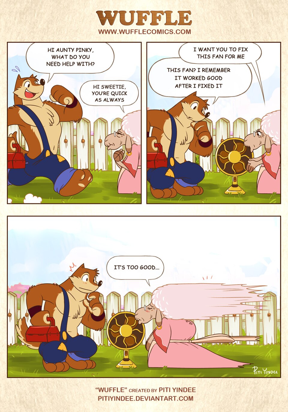 Wuffle, Aunty Pinky’s Fan, page 1. English comic artwork by Piti Yindee.