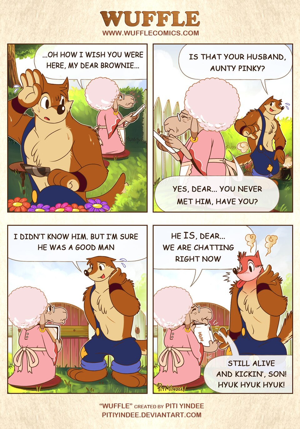 Wuffle, Aunty Pinky's Husband, page 1. English comic artwork by Piti Yindee.
