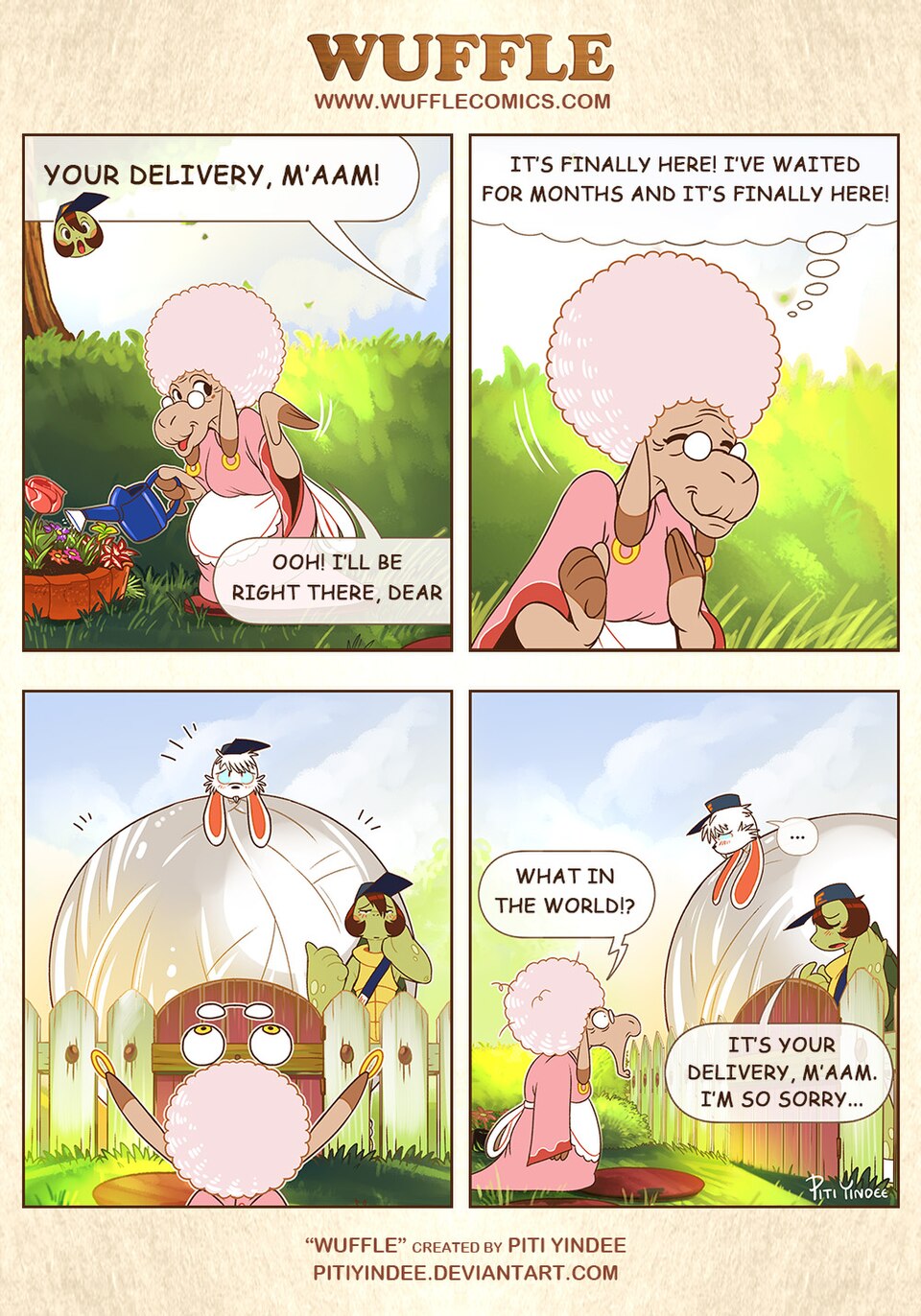 Wuffle, Delivery Time, page 1. English comic artwork by Piti Yindee.