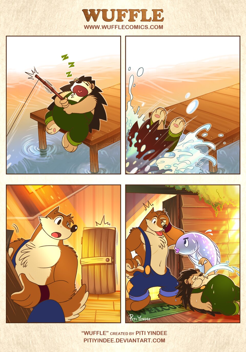 Wuffle, Fishing Hedgehog, page 1. English comic artwork by Piti Yindee.
