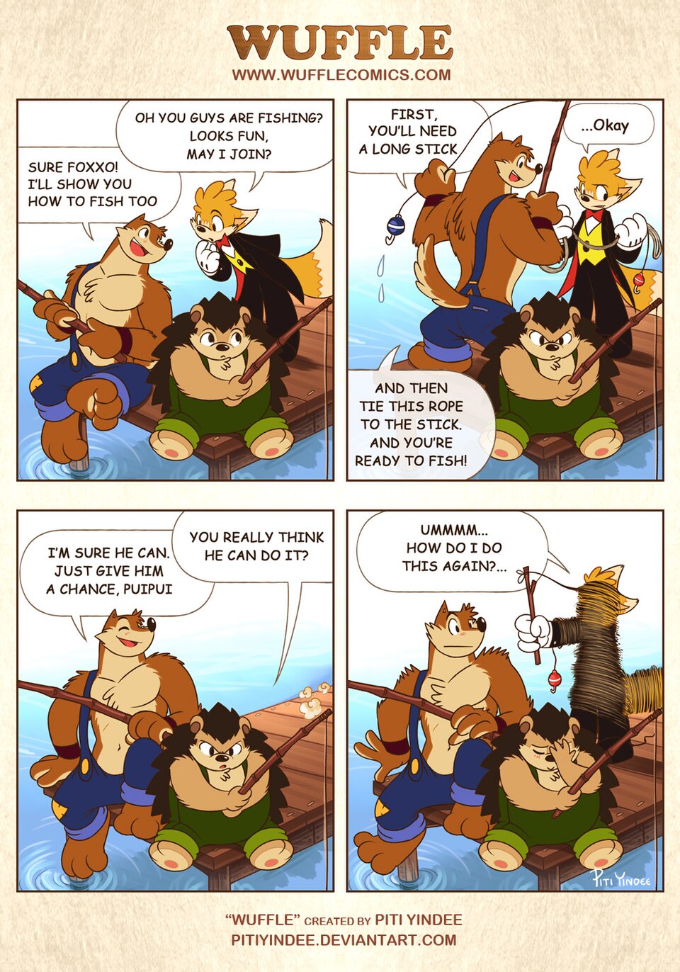 Wuffle, Foxxo's Fishing Day, page 1. English comic artwork by Piti Yindee.