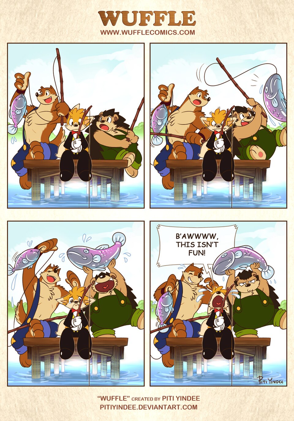 Wuffle, Foxxo's Fishing Day, page 2. English comic artwork by Piti Yindee.