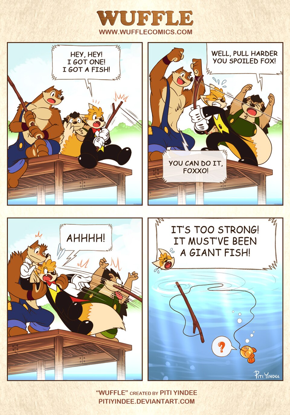 Wuffle, Foxxo's Fishing Day, page 3. English comic artwork by Piti Yindee.