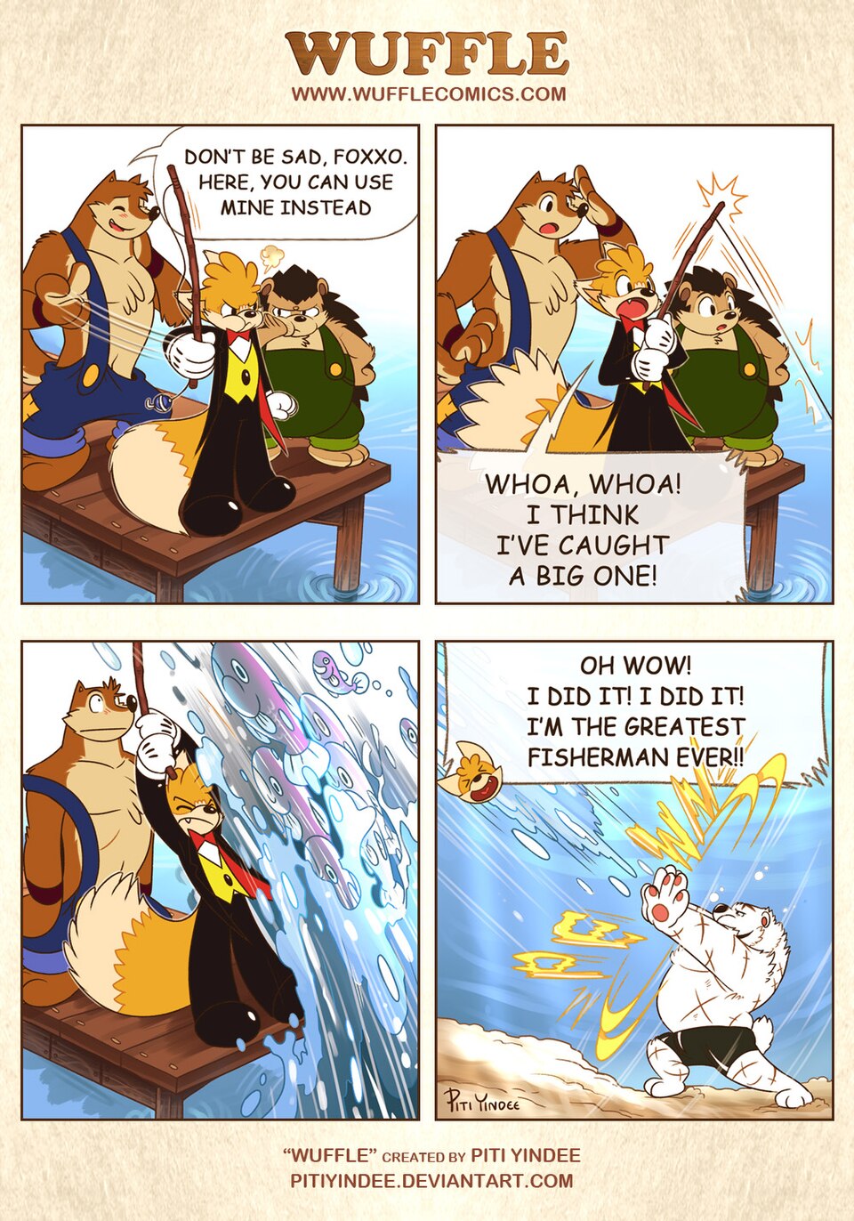 Wuffle, Foxxo's Fishing Day, page 4. English comic artwork by Piti Yindee.
