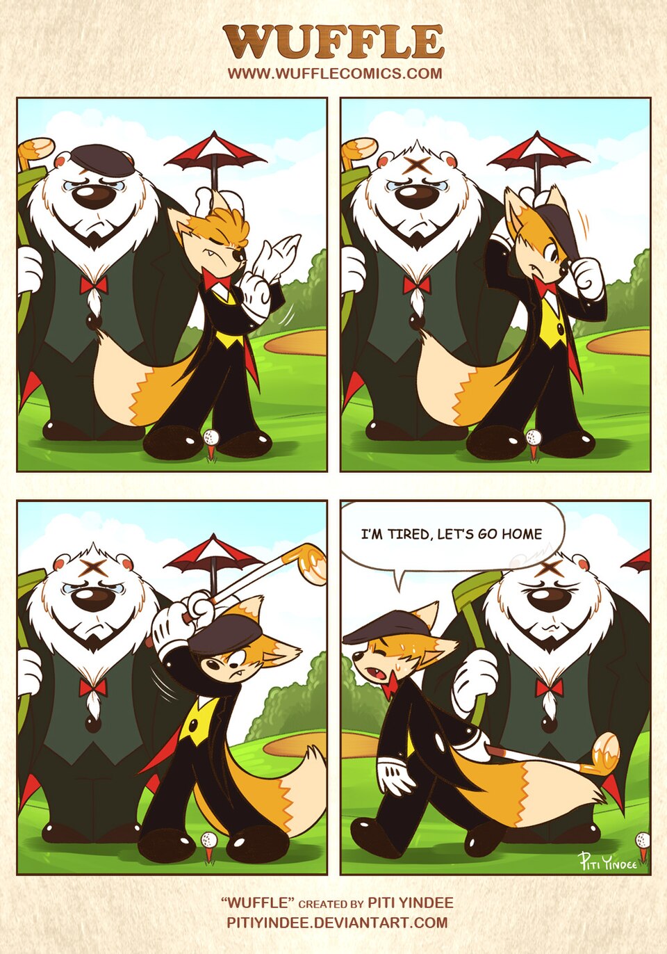 Wuffle, Foxxo's Golfing Day, page 1. English comic artwork by Piti Yindee.