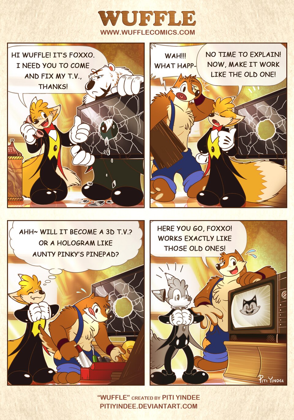 Wuffle, Foxxo's TV, page 2. English comic artwork by Piti Yindee.