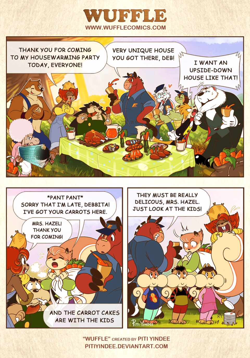 Wuffle, Housewarming Party, page 1. English comic artwork by Piti Yindee.