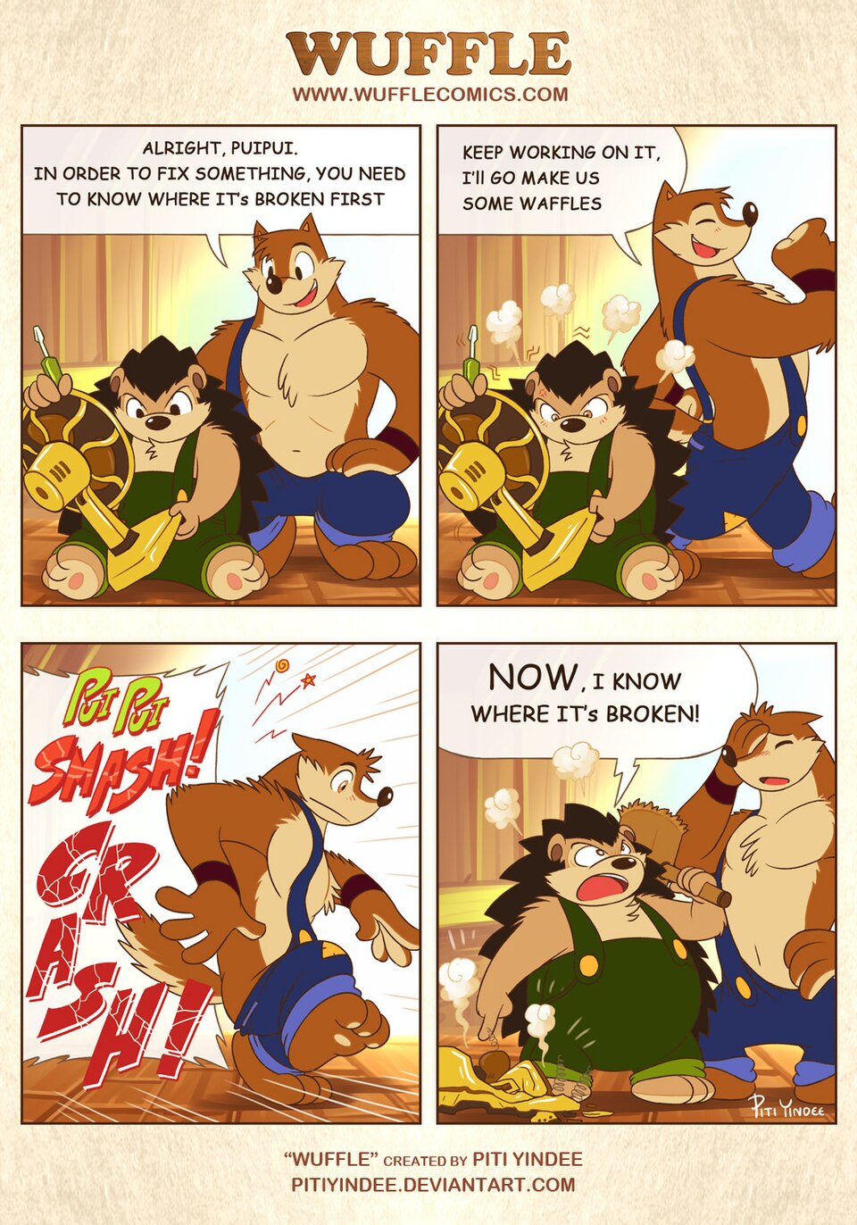 Wuffle, How to Fix the Fan by Puipui, page 1. English comic artwork by Piti Yindee.