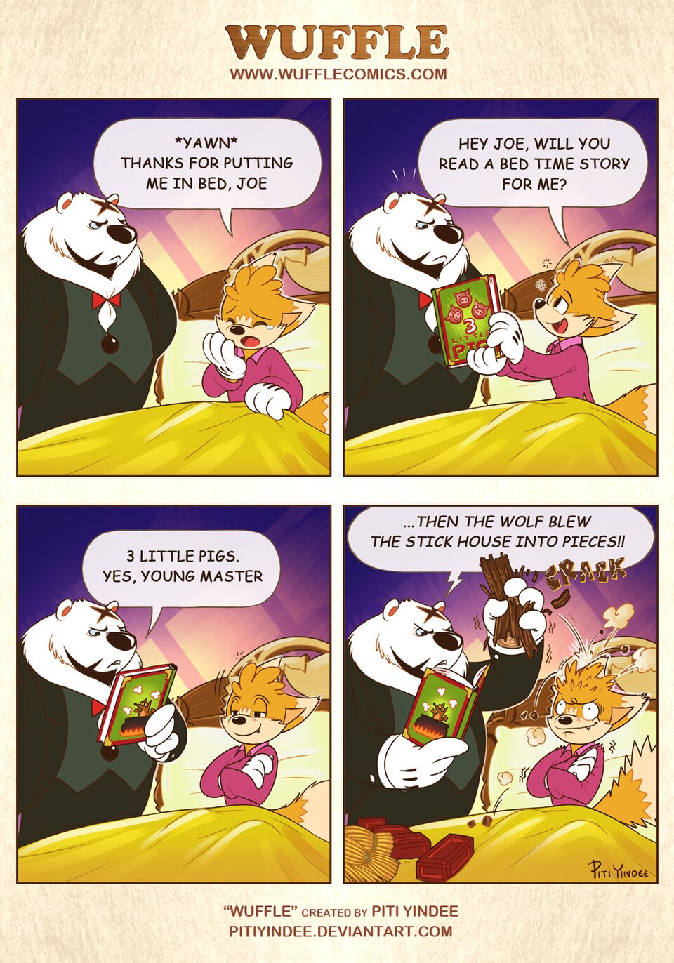 Wuffle, Joe's Bedtime Story, page 1. English comic artwork by Piti Yindee.