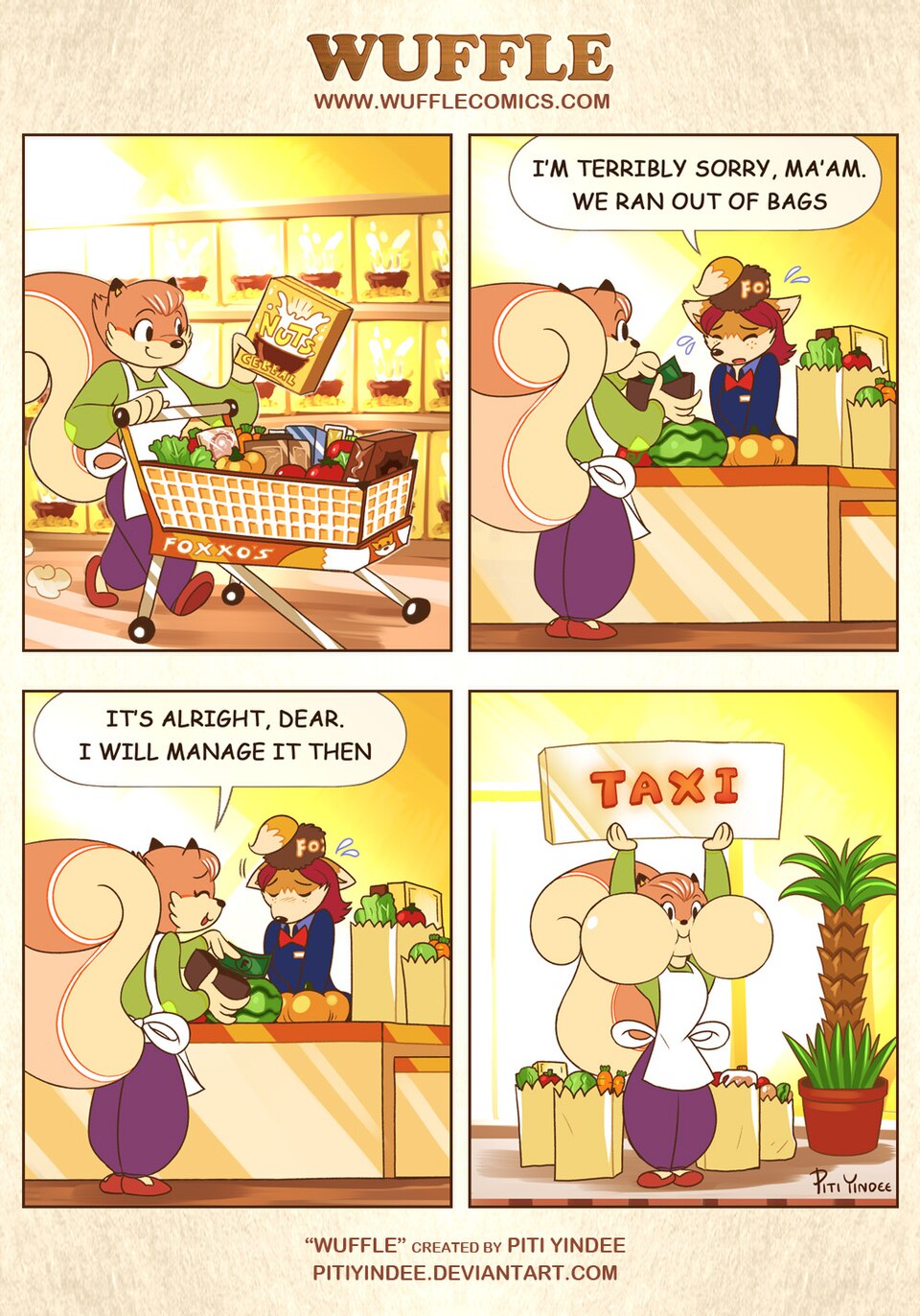 Wuffle, Mrs. Hazel Goes Shopping, page 1. English comic artwork by Piti Yindee.