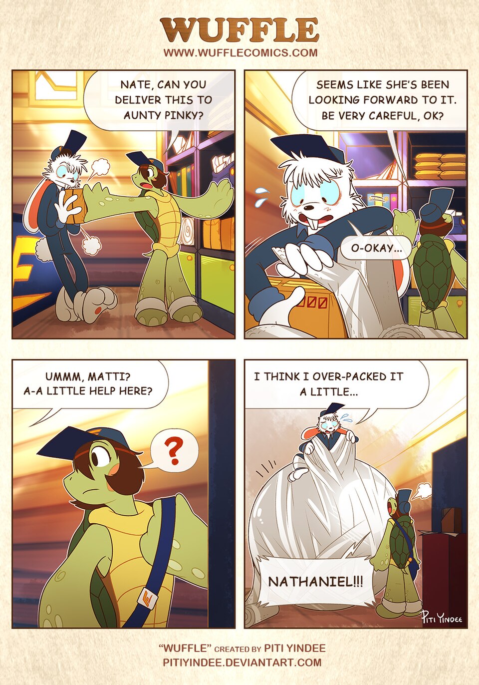 Wuffle, Nate and Matti, page 1. English comic artwork by Piti Yindee.