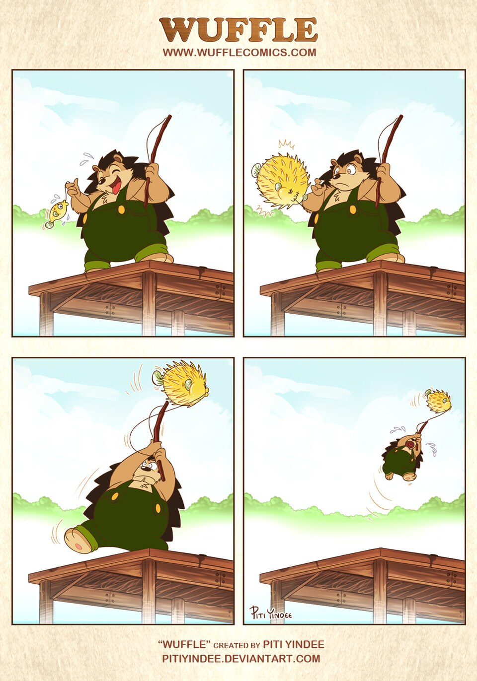 Wuffle, Pufferfish, page 1. English comic artwork by Piti Yindee.