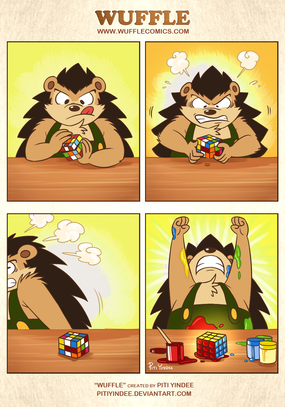 Wuffle, Puipui vs the Puzzle Cube, page 1. English comic artwork by Piti Yindee.