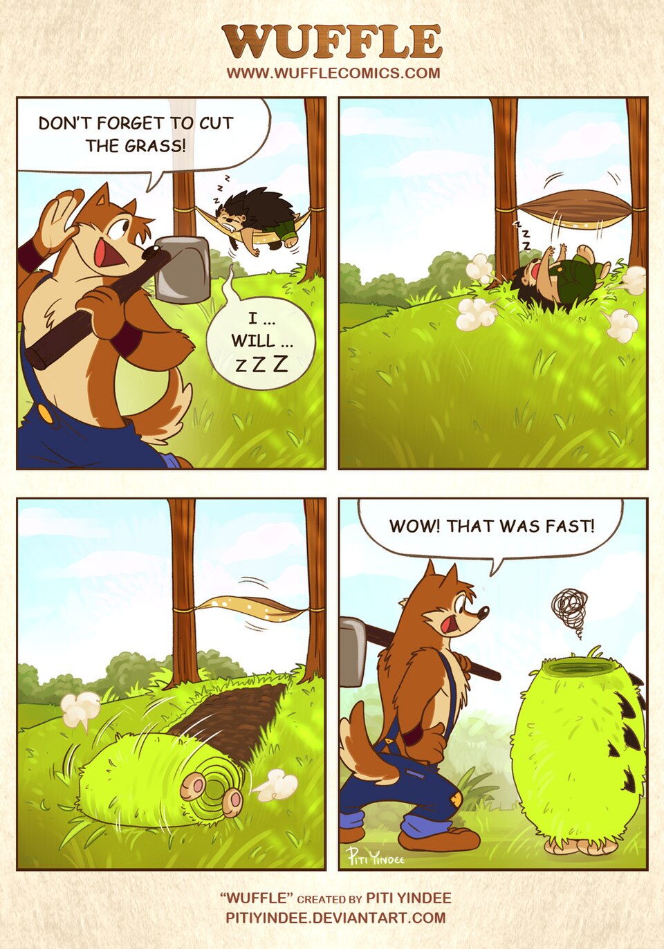 Wuffle, Rolling Hedgehog, page 1. English comic artwork by Piti Yindee.