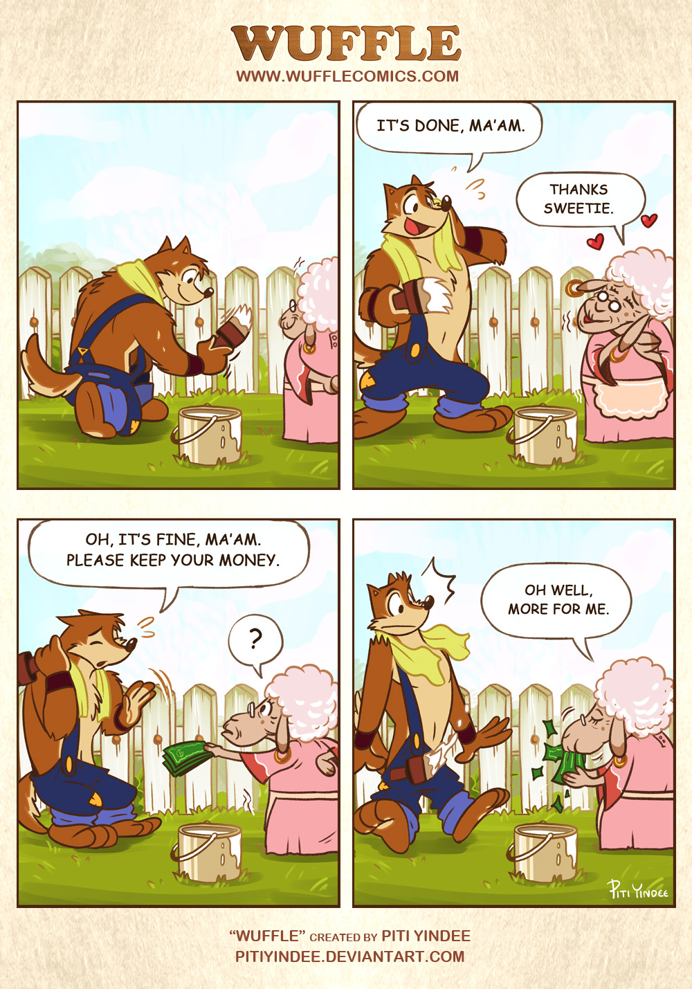 Wuffle, Wuffle and Aunty Pinky, page 1. English comic artwork by Piti Yindee.