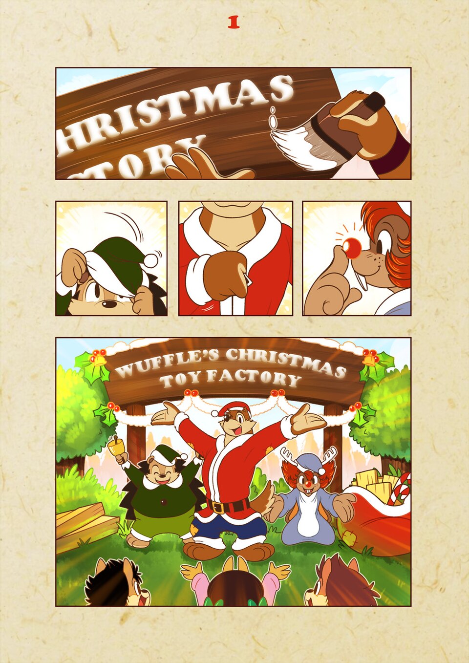 Wuffle, Wuffle's Christmas Toy Factory, page 2. English comic artwork by Piti Yindee.