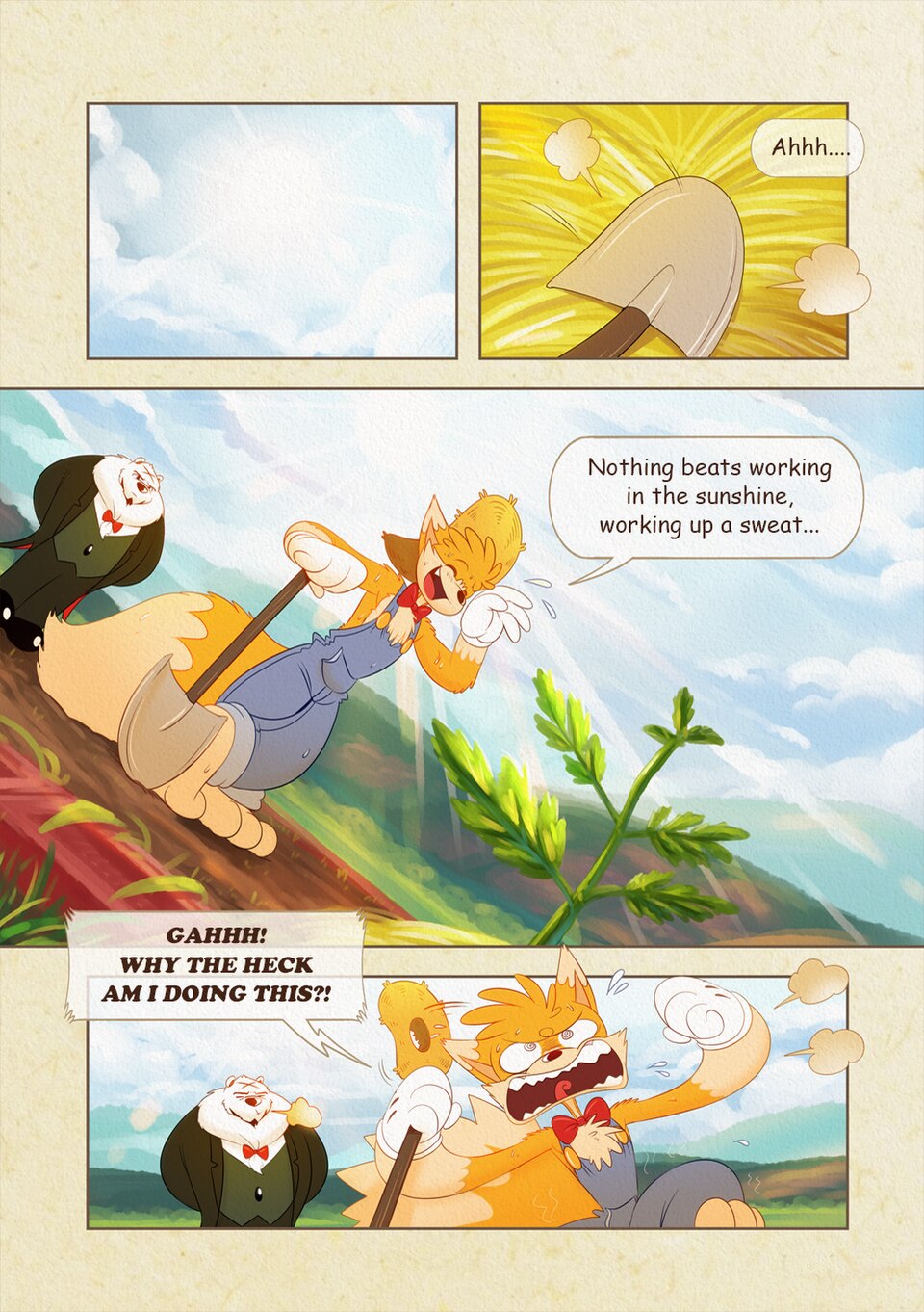 Wuffle, Farming Foxxo, page 2. English comic artwork by Piti Yindee.