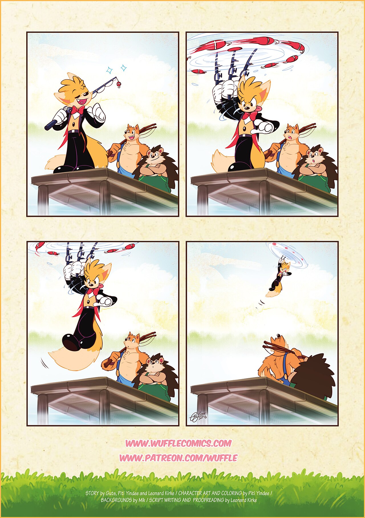 Wuffle, Fishing Foxxo, page 1. English comic artwork by Piti Yindee.